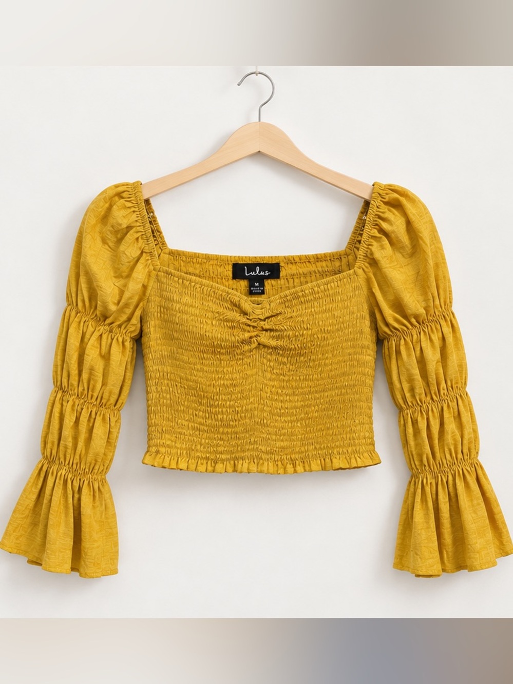 Lulus Savia Mustard Yellow Smocked Puff Sleeve Crop Top M NWT